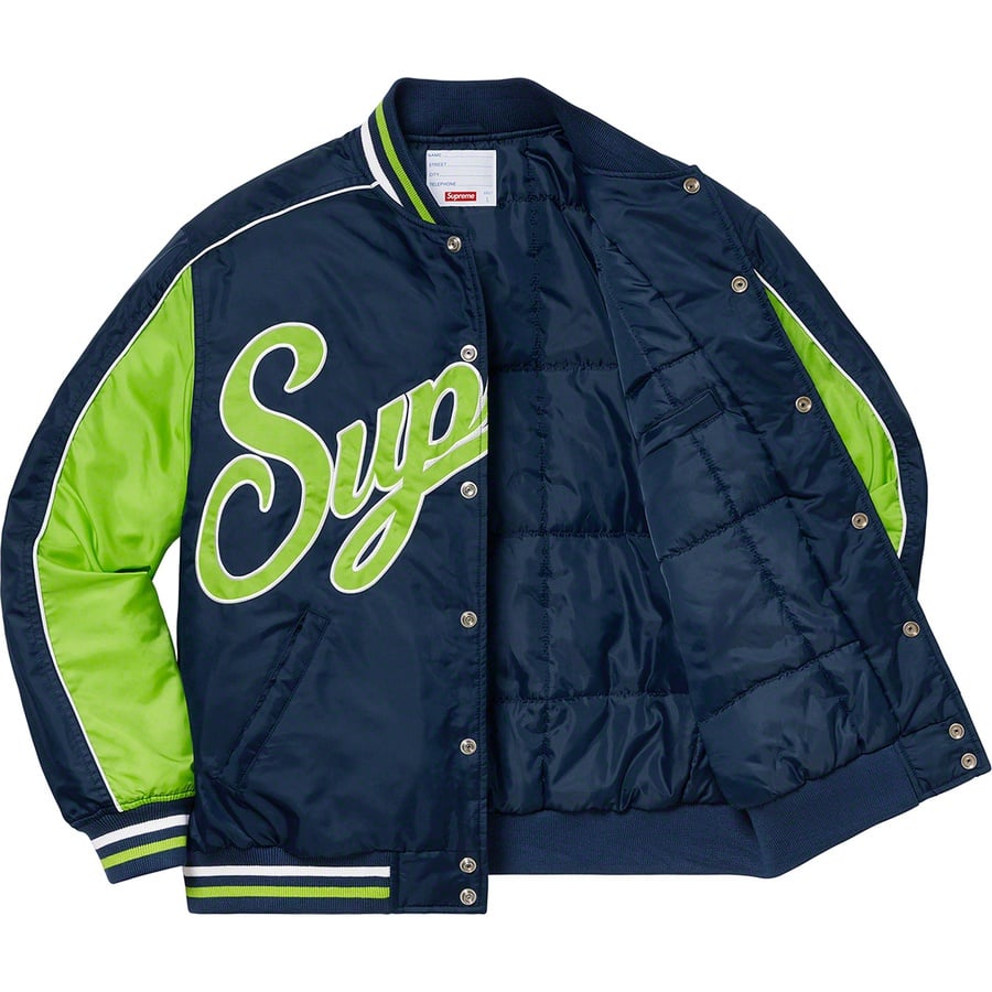 Details on Contrast Script Varsity Jacket Navy from fall winter
                                                    2020 (Price is $228)