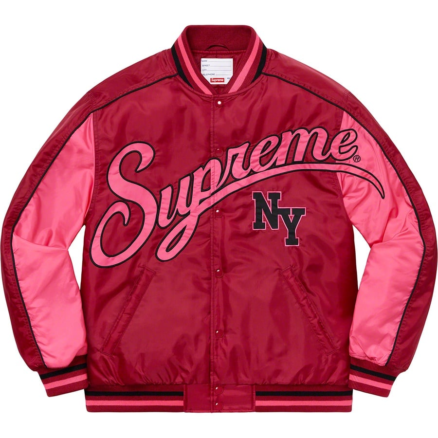 Details on Contrast Script Varsity Jacket Red from fall winter
                                                    2020 (Price is $228)