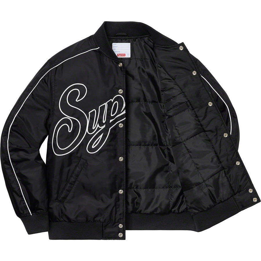 Details on Contrast Script Varsity Jacket Black from fall winter
                                                    2020 (Price is $228)