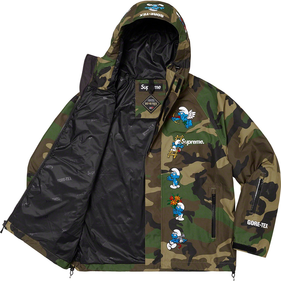 Details on Supreme Smurfs™ GORE-TEX Shell Jacket Woodland Camo from fall winter
                                                    2020 (Price is $398)