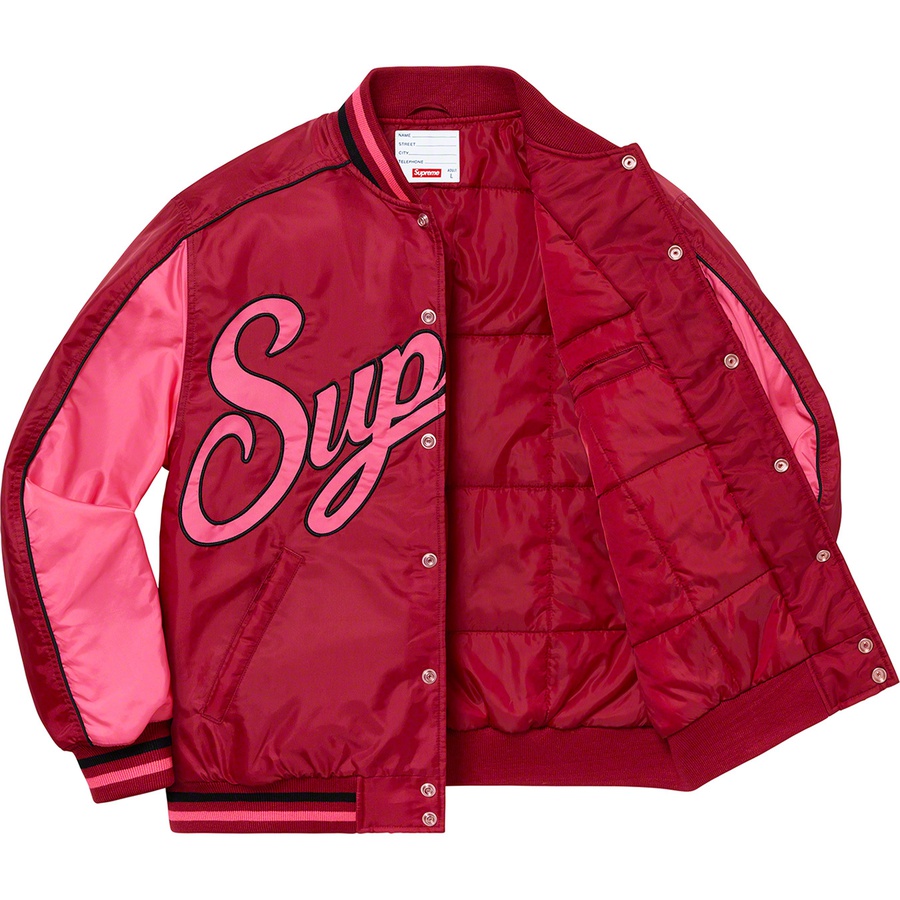 Details on Contrast Script Varsity Jacket Red from fall winter
                                                    2020 (Price is $228)