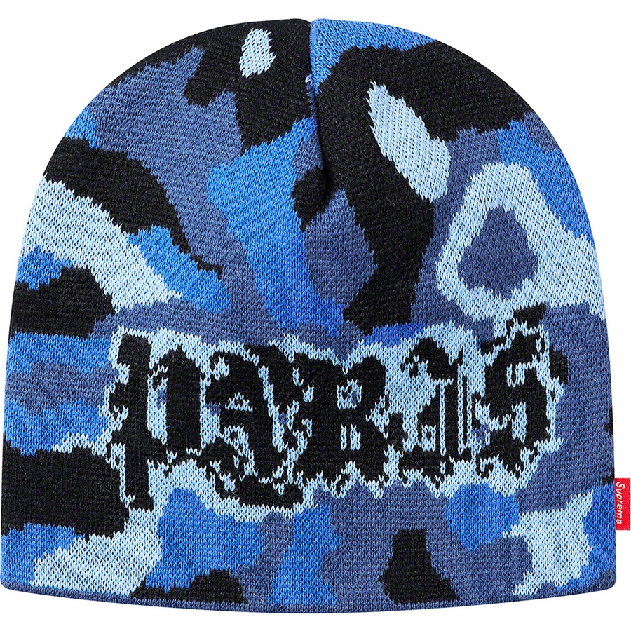 Details on Paris Camo Beanie Blue Camo from fall winter
                                                    2020 (Price is $36)