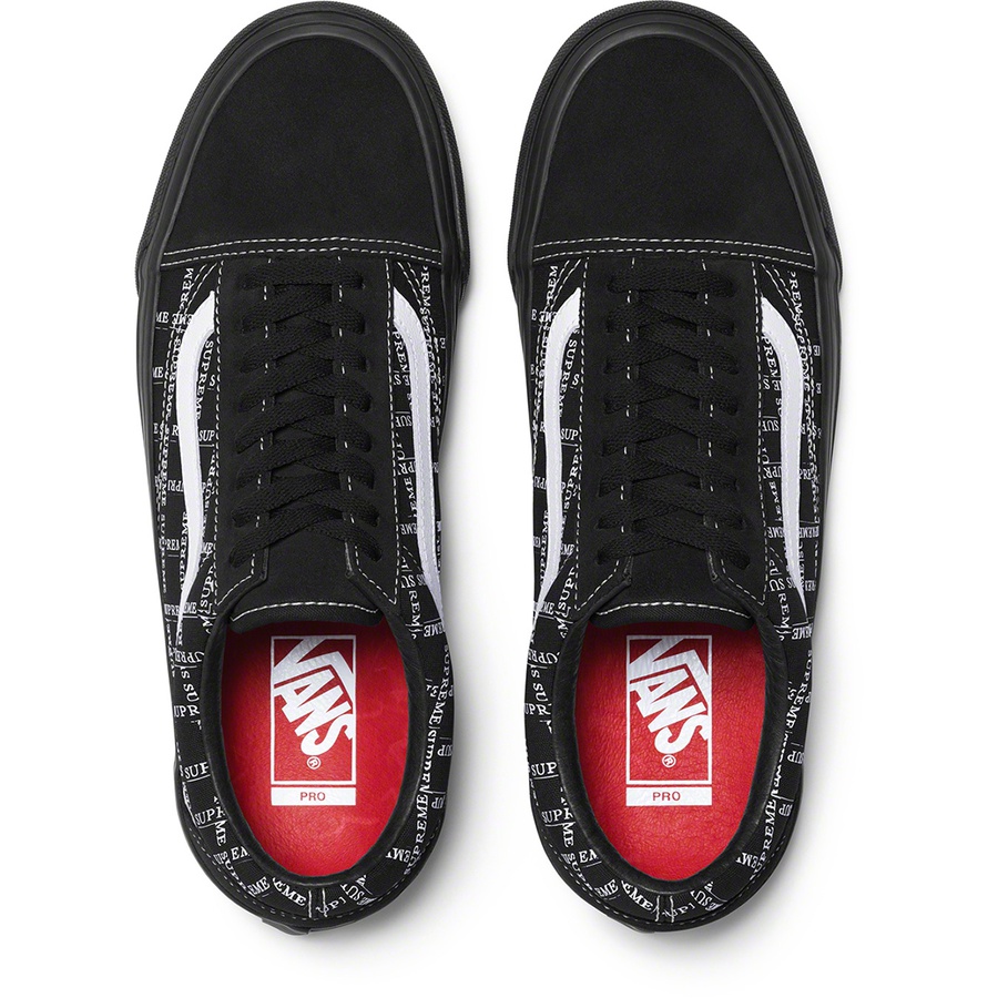 Details on Supreme Vans Old Skool Pro Black from fall winter
                                                    2020 (Price is $98)