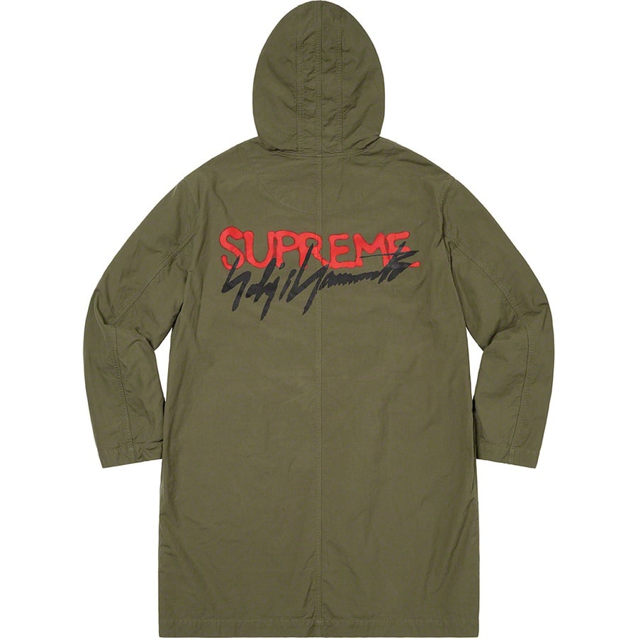 Details on Supreme Yohji Yamamoto Parka Olive from fall winter
                                                    2020 (Price is $288)