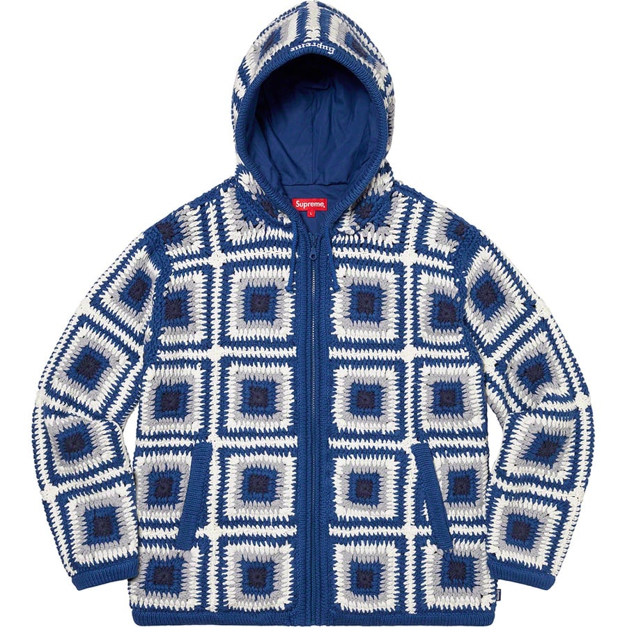 Details on Crochet Hooded Zip Up Sweater Navy from fall winter 2020 (Price is $298)