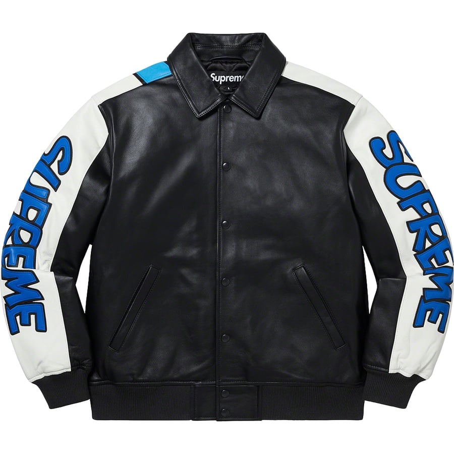 Details on Supreme Smurfs™ Leather Varsity Jacket from fall winter
                                            2020 (Price is $788)