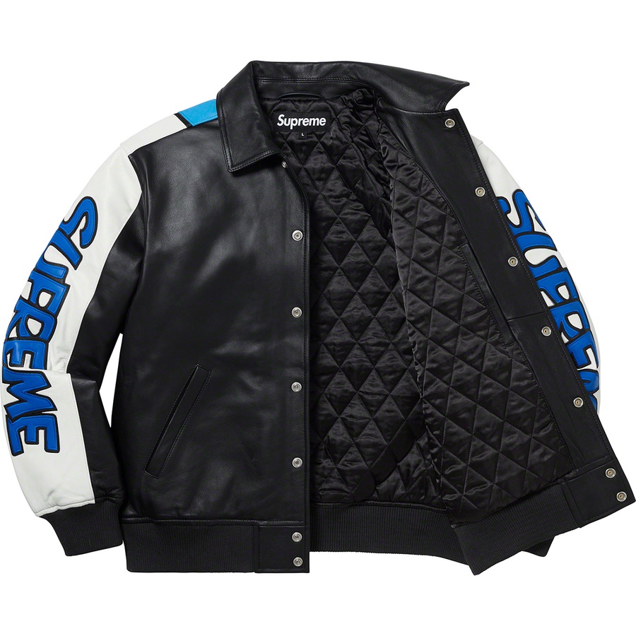 Details on Supreme Smurfs™ Leather Varsity Jacket Black from fall winter
                                                    2020 (Price is $788)