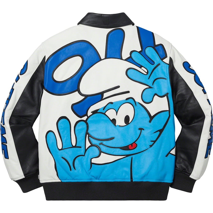 Details on Supreme Smurfs™ Leather Varsity Jacket Black from fall winter
                                                    2020 (Price is $788)