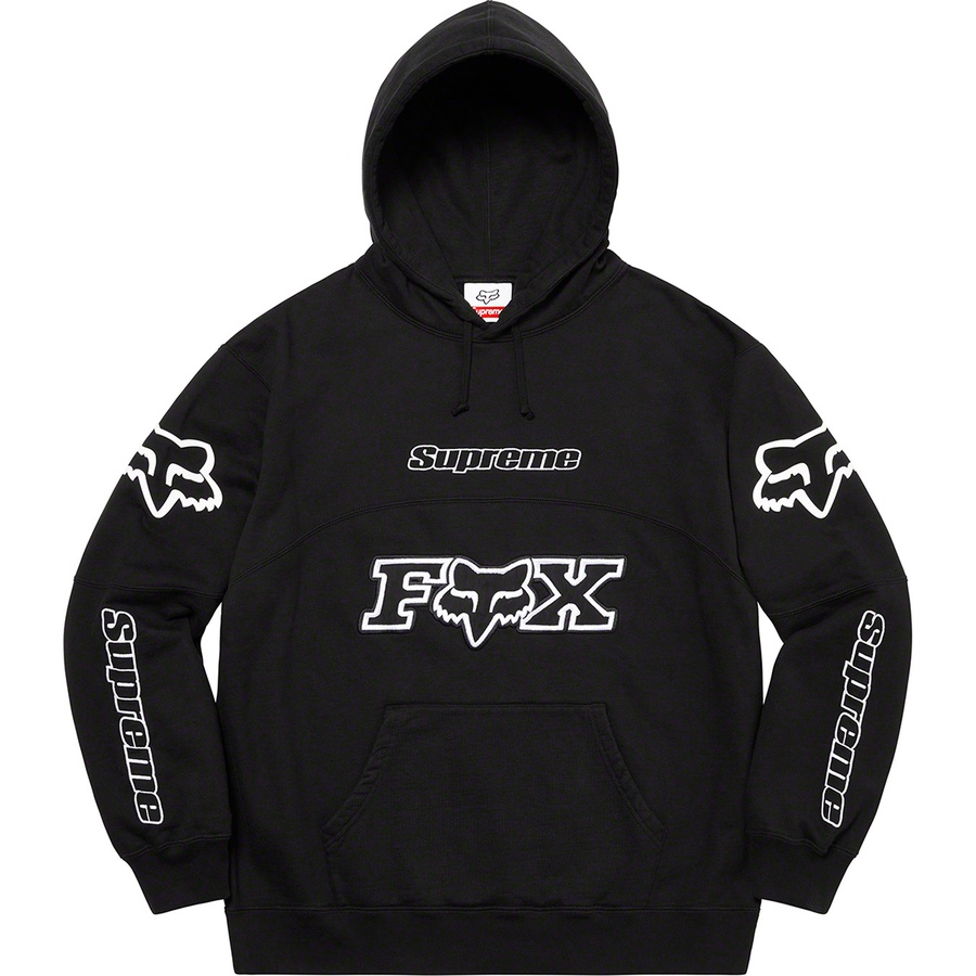 Details on Supreme Fox Racing Hooded Sweatshirt Black from fall winter 2020 (Price is $168)