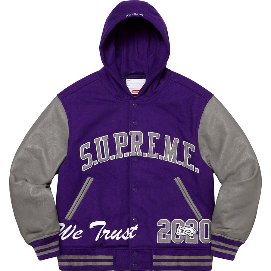 Details on King Hooded Varsity Jacket Purple from fall winter
                                                    2020 (Price is $448)