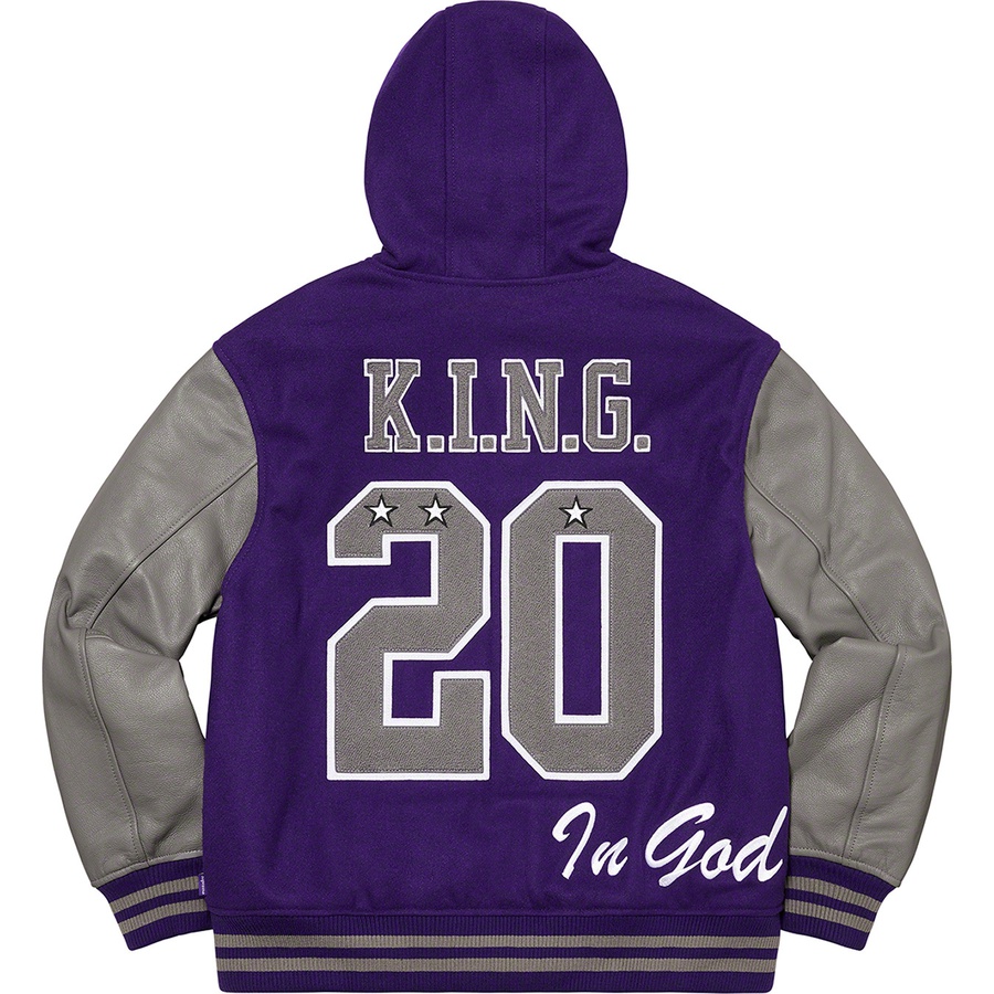 Details on King Hooded Varsity Jacket Purple from fall winter
                                                    2020 (Price is $448)