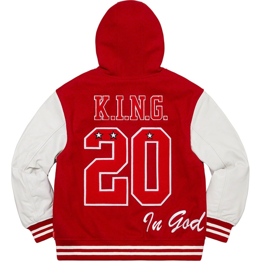 Details on King Hooded Varsity Jacket Red from fall winter
                                                    2020 (Price is $448)