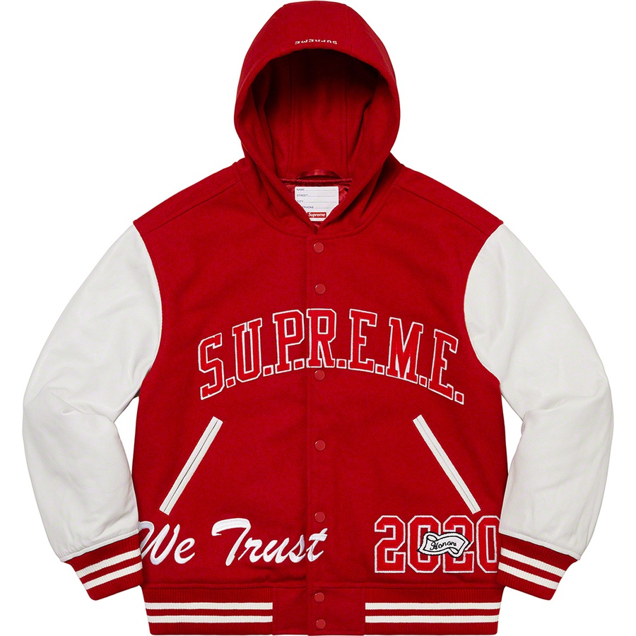 Details on King Hooded Varsity Jacket Red from fall winter
                                                    2020 (Price is $448)