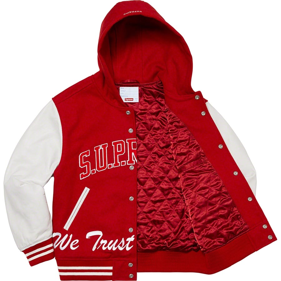 Details on King Hooded Varsity Jacket Red from fall winter
                                                    2020 (Price is $448)