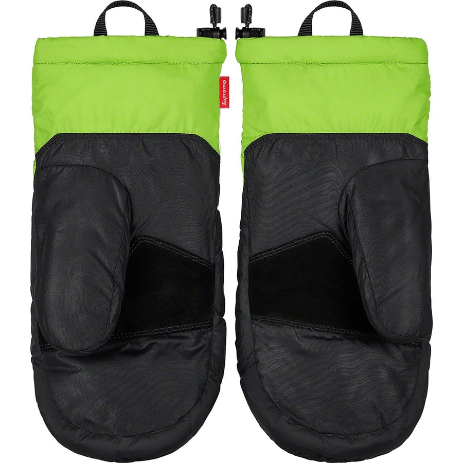 Details on Supreme The North Face S Logo Nuptse Mitts Lime from fall winter 2020 (Price is $98)