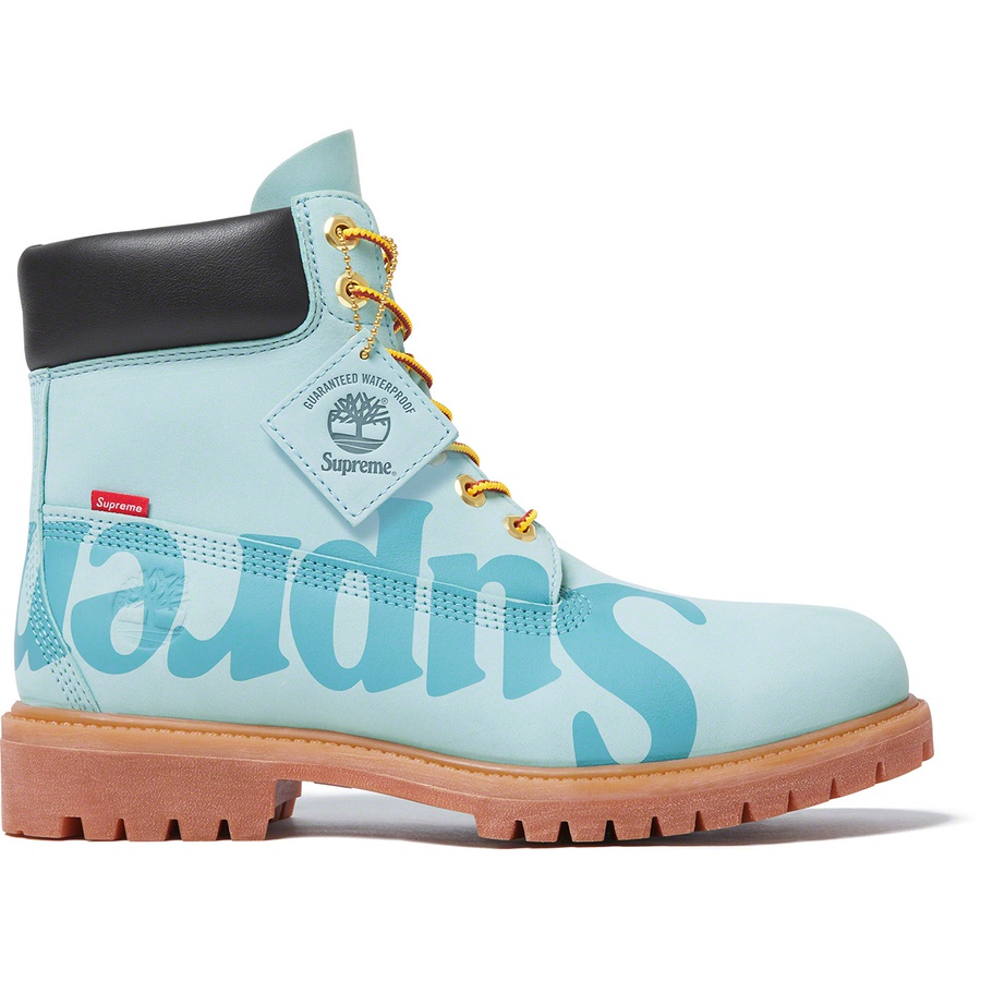 Details on Supreme Timberland Big Logo 6-Inch Premium Waterproof Boot Light Blue from fall winter
                                                    2020 (Price is $248)