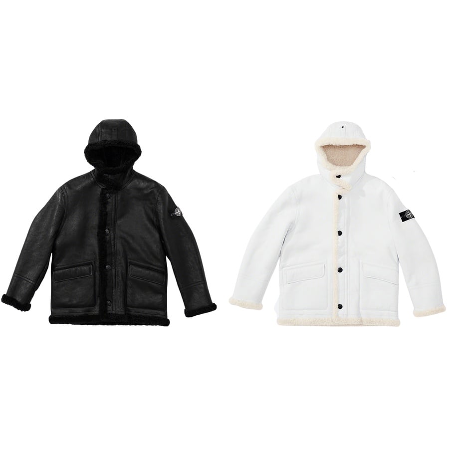 Details on Supreme Stone Island Hand-Painted Hooded Shearling Jacket from fall winter
                                            2020 (Price is $2798)