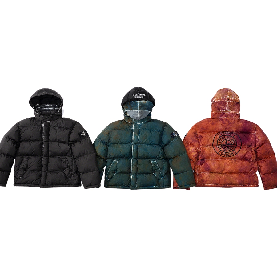 Details on Supreme Stone Island Painted Camo Crinkle Down Jacket  from fall winter
                                                    2020 (Price is $998)