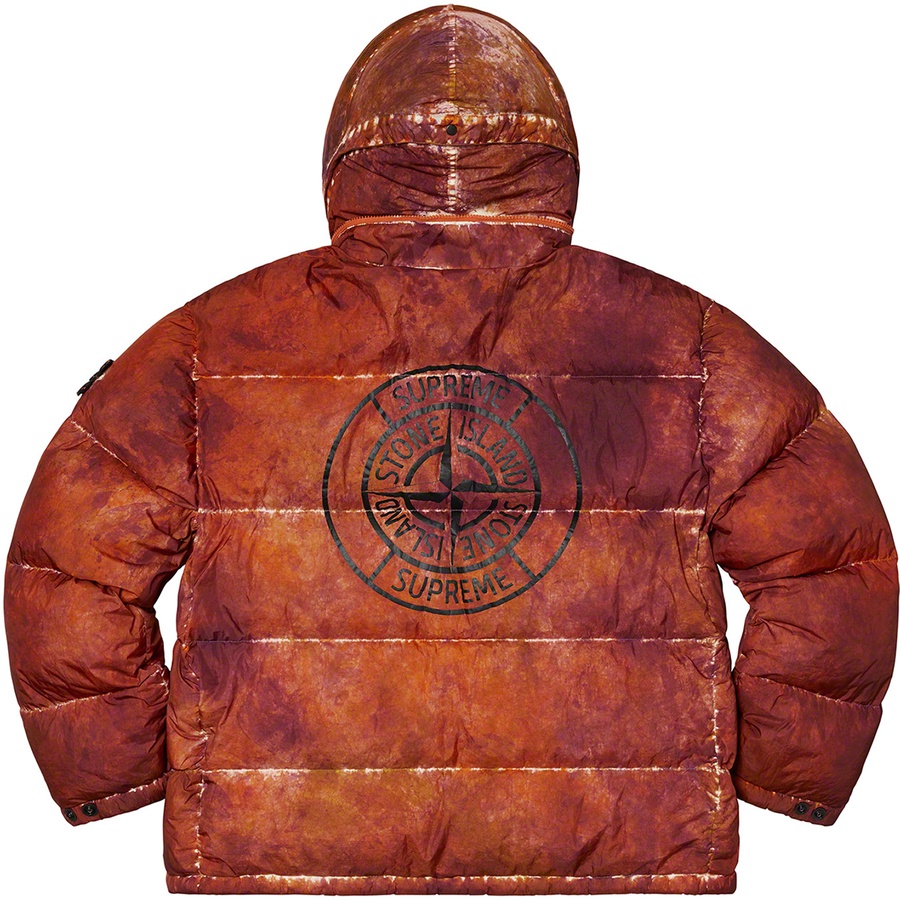 Details on Supreme Stone Island Painted Camo Crinkle Down Jacket Coral from fall winter
                                                    2020 (Price is $998)