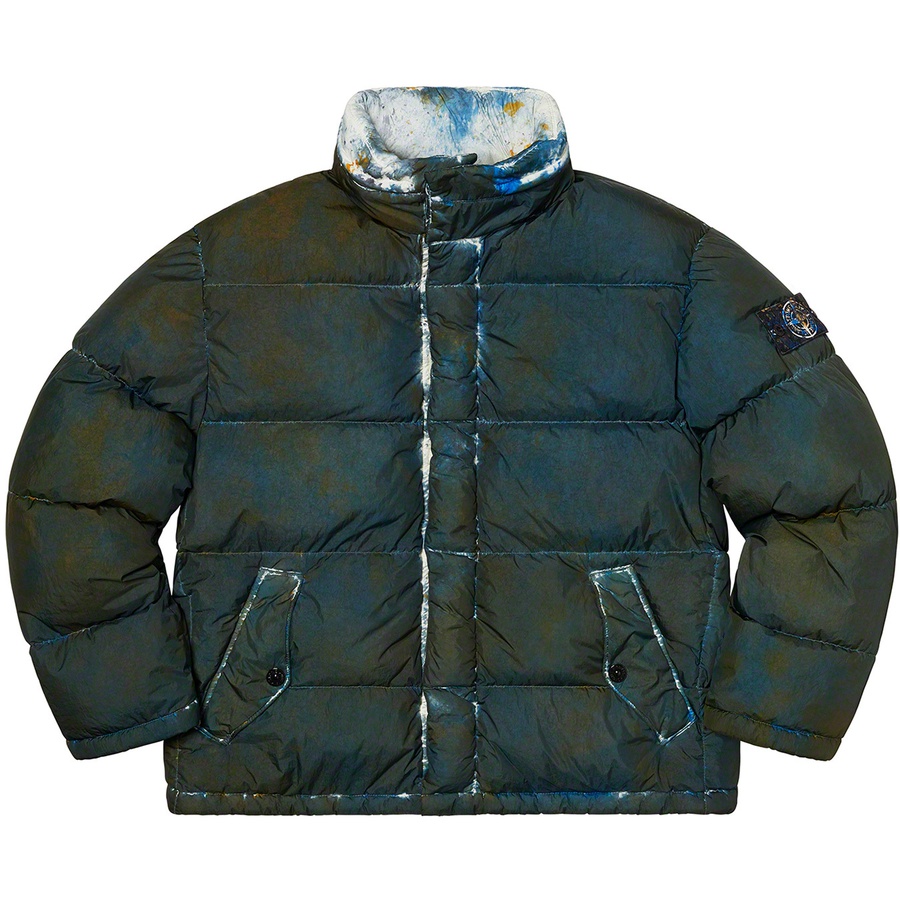Details on Supreme Stone Island Painted Camo Crinkle Down Jacket Dark Teal from fall winter 2020 (Price is $998)