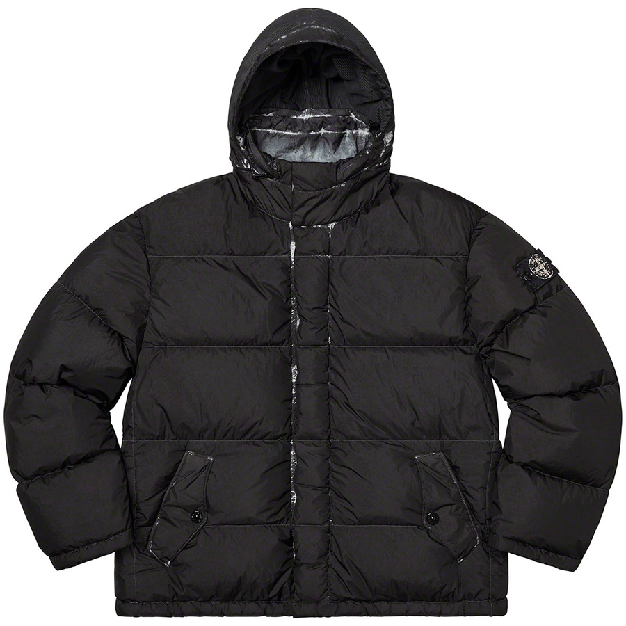Details on Supreme Stone Island Painted Camo Crinkle Down Jacket Black from fall winter 2020 (Price is $998)