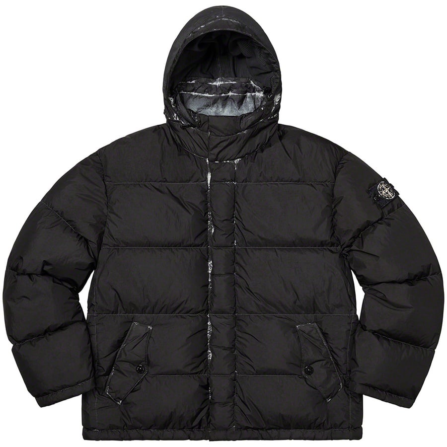 Details on Supreme Stone Island Painted Camo Crinkle Down Jacket Black from fall winter
                                                    2020 (Price is $998)