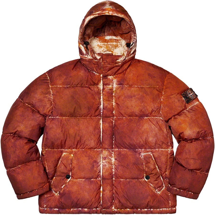 Details on Supreme Stone Island Painted Camo Crinkle Down Jacket Coral from fall winter
                                                    2020 (Price is $998)