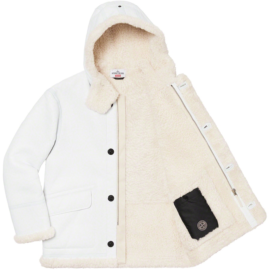 Details on Supreme Stone Island Hand-Painted Hooded Shearling Jacket White from fall winter
                                                    2020 (Price is $2798)