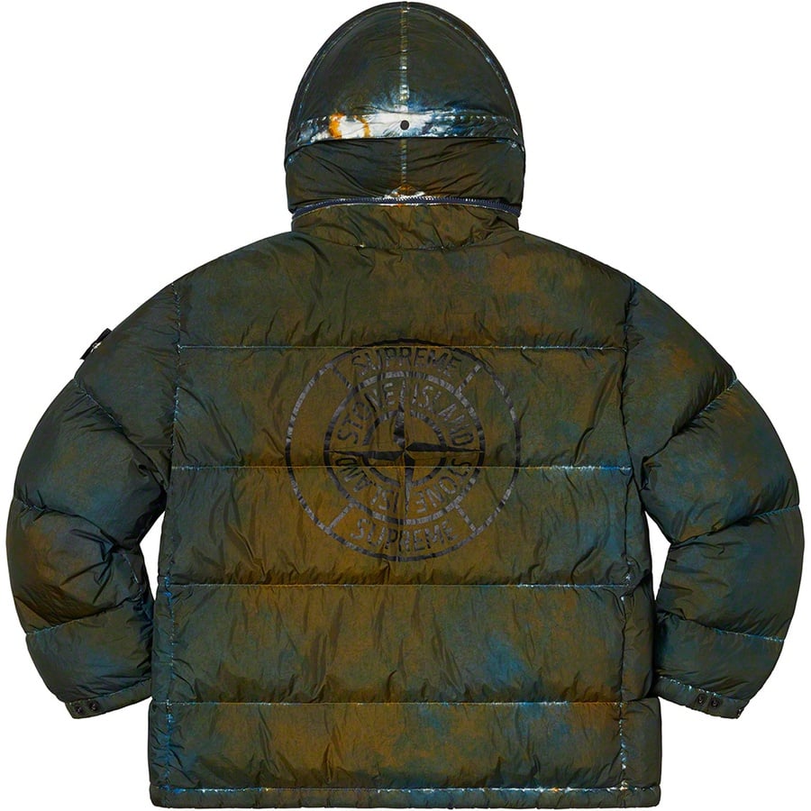 Details on Supreme Stone Island Painted Camo Crinkle Down Jacket Dark Teal from fall winter
                                                    2020 (Price is $998)