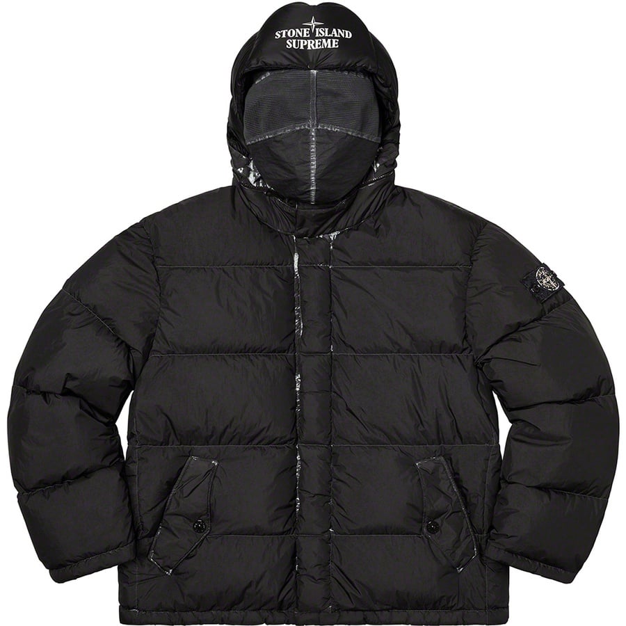 Details on Supreme Stone Island Painted Camo Crinkle Down Jacket Black from fall winter
                                                    2020 (Price is $998)