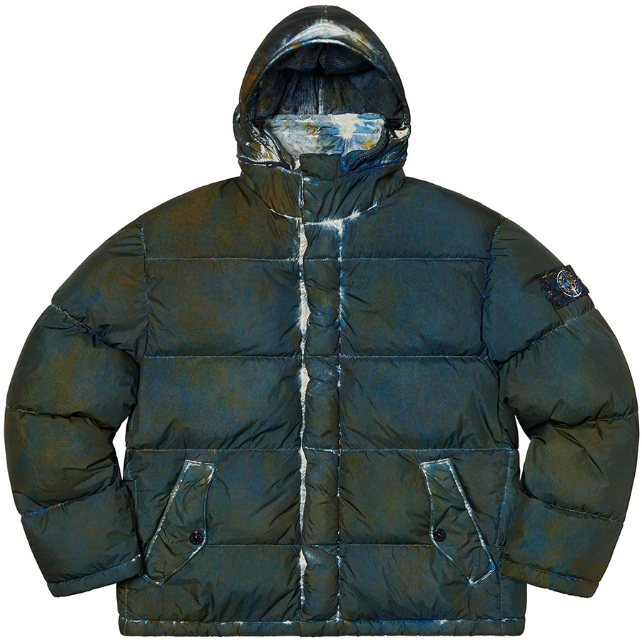 Details on Supreme Stone Island Painted Camo Crinkle Down Jacket Dark Teal from fall winter
                                                    2020 (Price is $998)