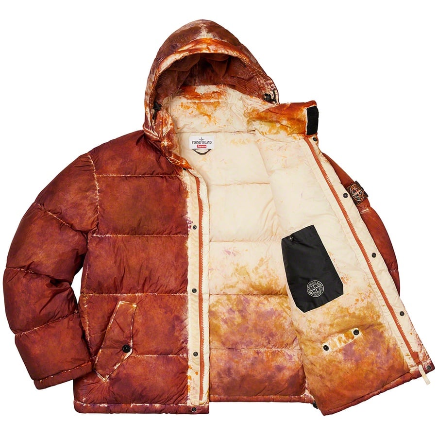 Details on Supreme Stone Island Painted Camo Crinkle Down Jacket Coral from fall winter
                                                    2020 (Price is $998)