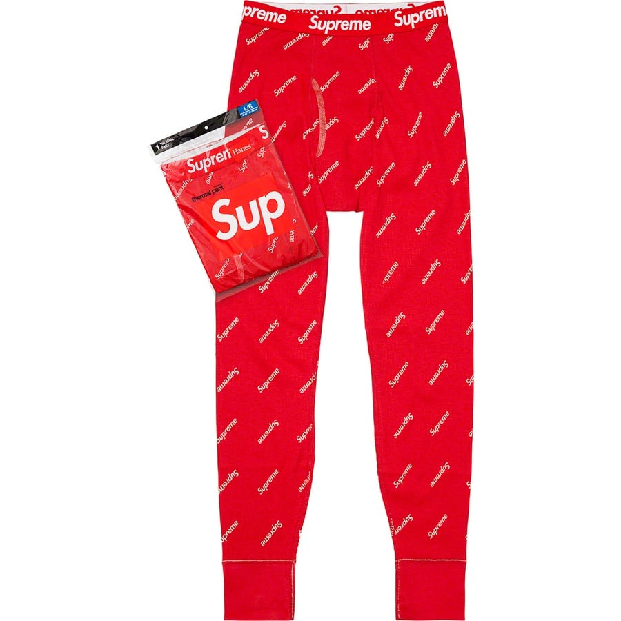 Details on Supreme Hanes Thermal Pant (1 Pack) Red Logos from fall winter
                                                    2020 (Price is $26)