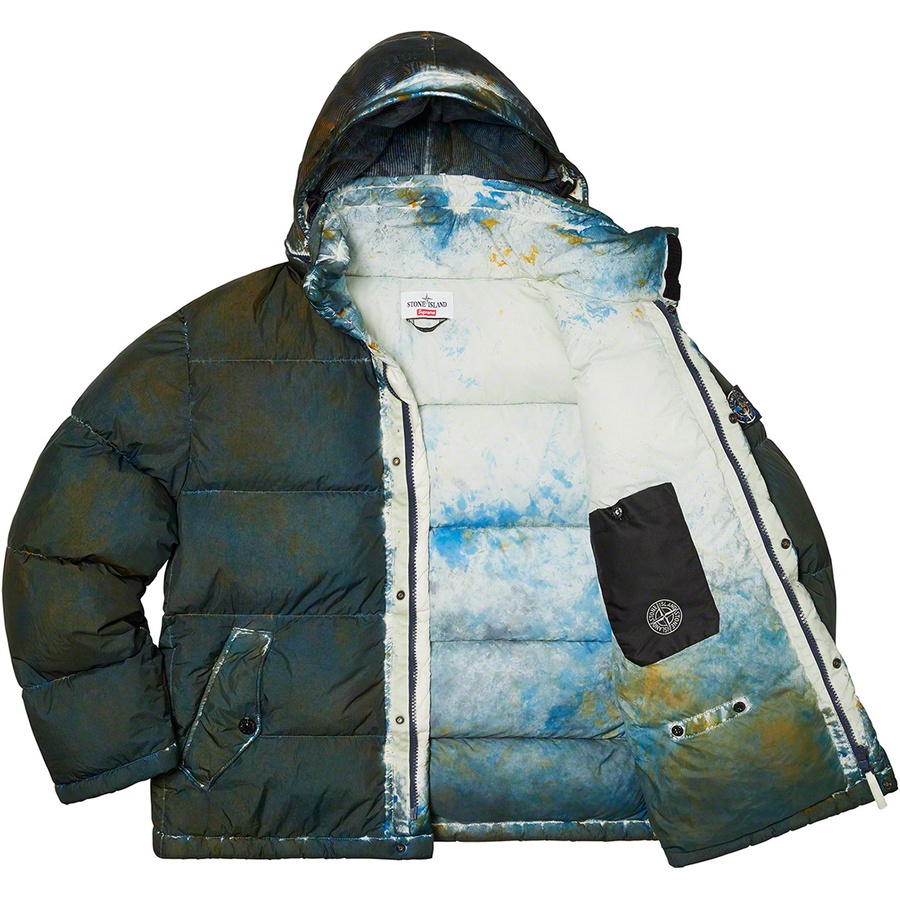 Details on Supreme Stone Island Painted Camo Crinkle Down Jacket Dark Teal from fall winter
                                                    2020 (Price is $998)