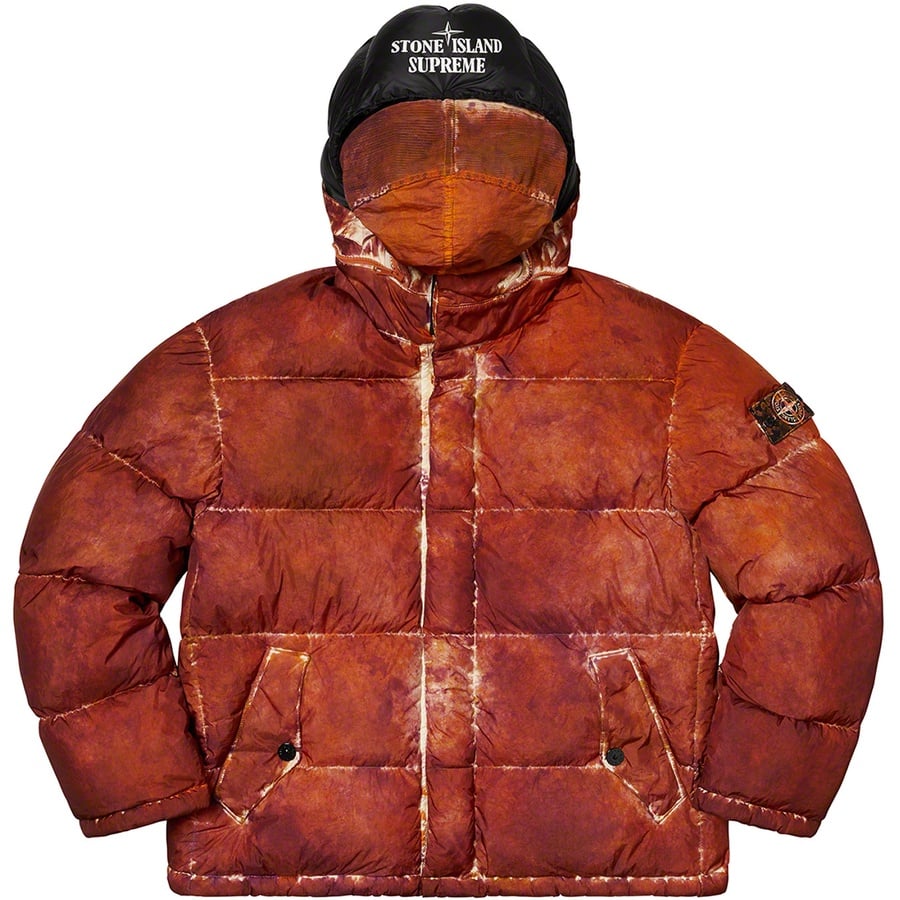 Details on Supreme Stone Island Painted Camo Crinkle Down Jacket Coral from fall winter 2020 (Price is $998)