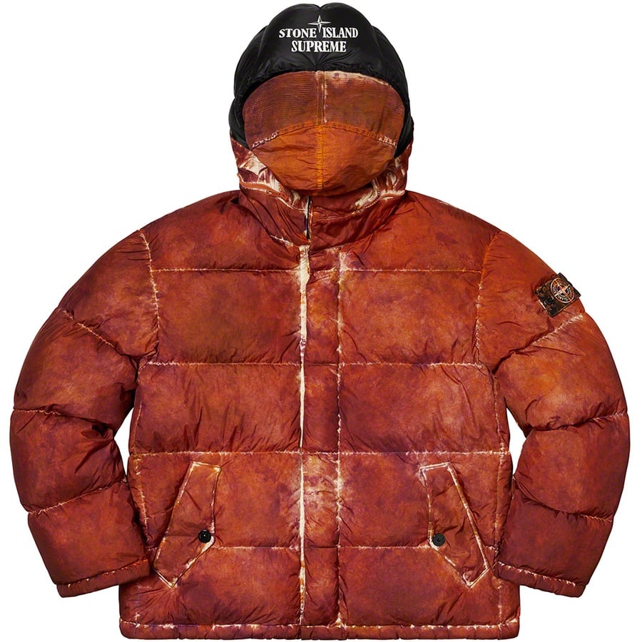 Details on Supreme Stone Island Painted Camo Crinkle Down Jacket Coral from fall winter
                                                    2020 (Price is $998)