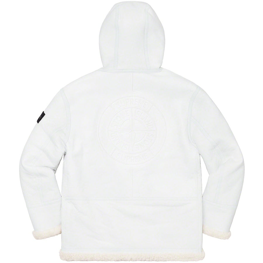 Details on Supreme Stone Island Hand-Painted Hooded Shearling Jacket White from fall winter
                                                    2020 (Price is $2798)