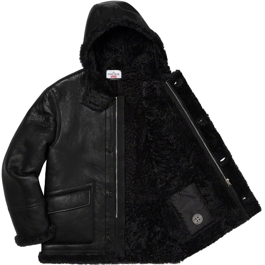 Details on Supreme Stone Island Hand-Painted Hooded Shearling Jacket Black from fall winter
                                                    2020 (Price is $2798)