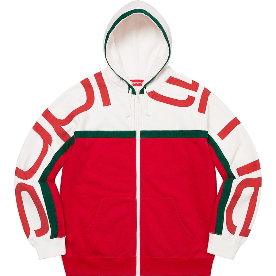Details on Big Logo Paneled Zip Up Hooded Sweatshirt Red from fall winter 2020 (Price is $168)