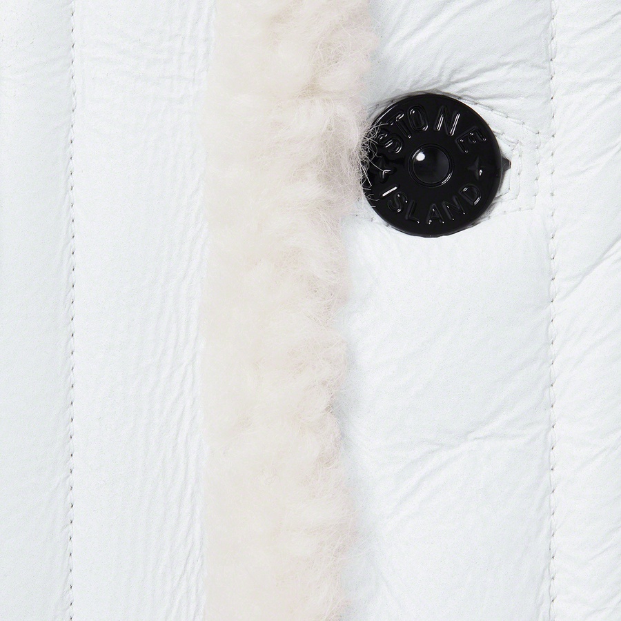 Details on Supreme Stone Island Hand-Painted Hooded Shearling Jacket White from fall winter
                                                    2020 (Price is $2798)