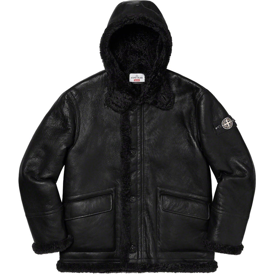 Details on Supreme Stone Island Hand-Painted Hooded Shearling Jacket Black from fall winter
                                                    2020 (Price is $2798)