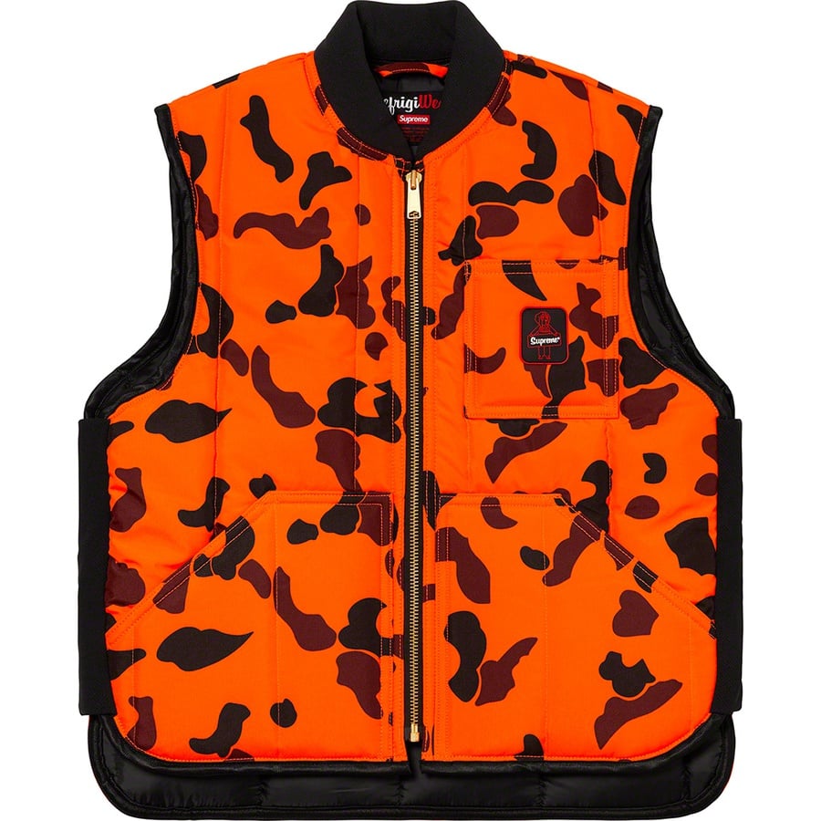 Details on Supreme RefrigiWear Insulated Iron-Tuff Vest Orange Camo from fall winter
                                                    2020 (Price is $158)
