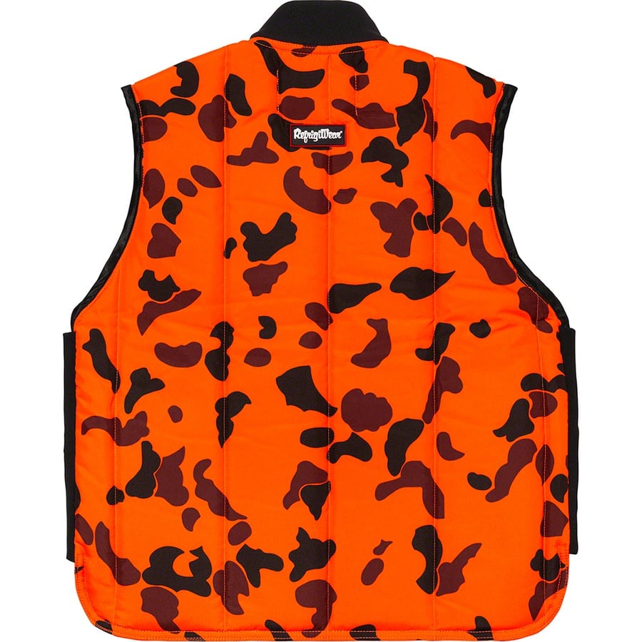 Details on Supreme RefrigiWear Insulated Iron-Tuff Vest Orange Camo from fall winter
                                                    2020 (Price is $158)