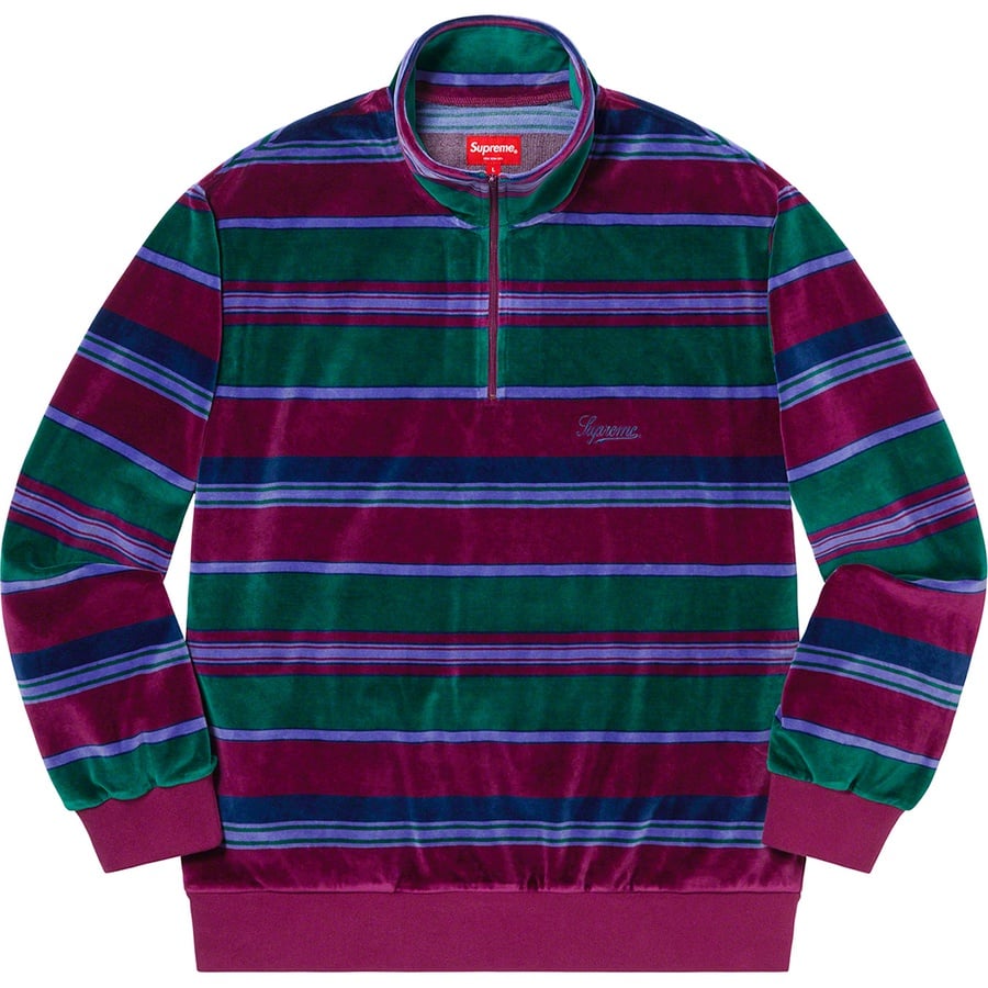 Details on Stripe Velour Half Zip Pullover Purple from fall winter
                                                    2020 (Price is $118)