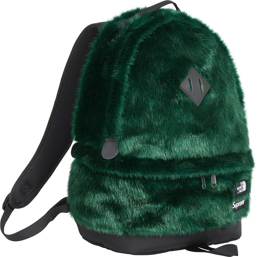 Details on Supreme The North Face Faux Fur Backpack Green from fall winter
                                                    2020 (Price is $198)