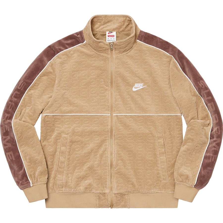 Details on Supreme Nike Velour Track Jacket Tan from spring summer
                                                    2021 (Price is $158)