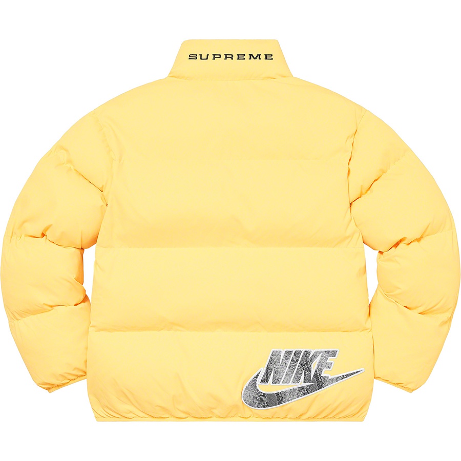 Details on Supreme Nike Reversible Puffy Jacket Pale Yellow from spring summer
                                                    2021 (Price is $258)