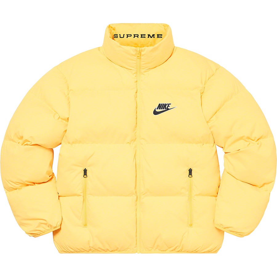 Details on Supreme Nike Reversible Puffy Jacket Pale Yellow from spring summer
                                                    2021 (Price is $258)