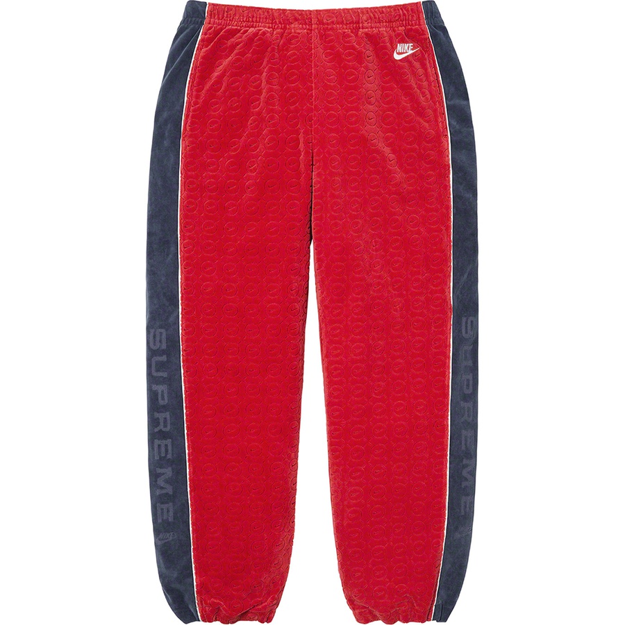 Details on Supreme Nike Velour Track Pant Red from spring summer
                                                    2021 (Price is $138)