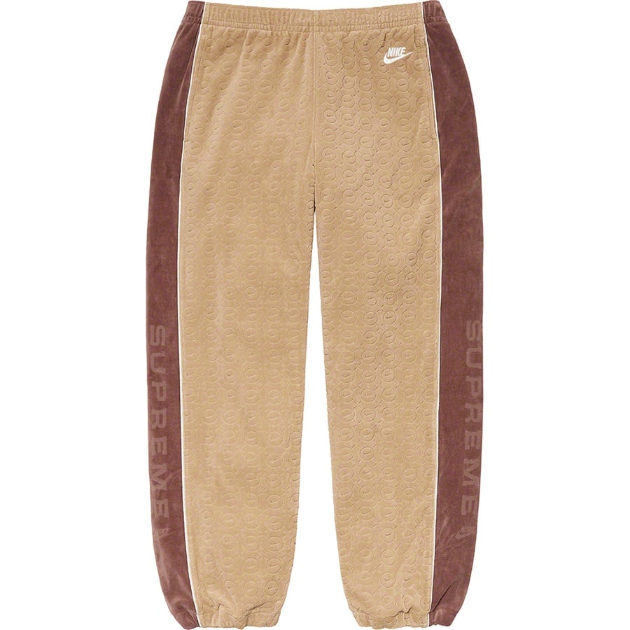 Details on Supreme Nike Velour Track Pant Tan from spring summer
                                                    2021 (Price is $138)